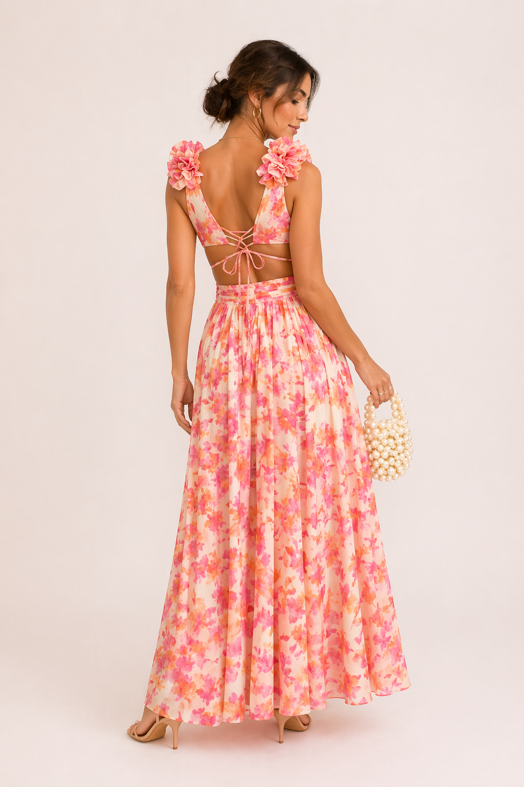 YRA | ABITO LUNGO IN CHIFFON – SCOLLO A V, STAMPA FLOREALE, FIORI IN RILIEVO (3D), CUT-OUT, ABITO DA CERIMONIA