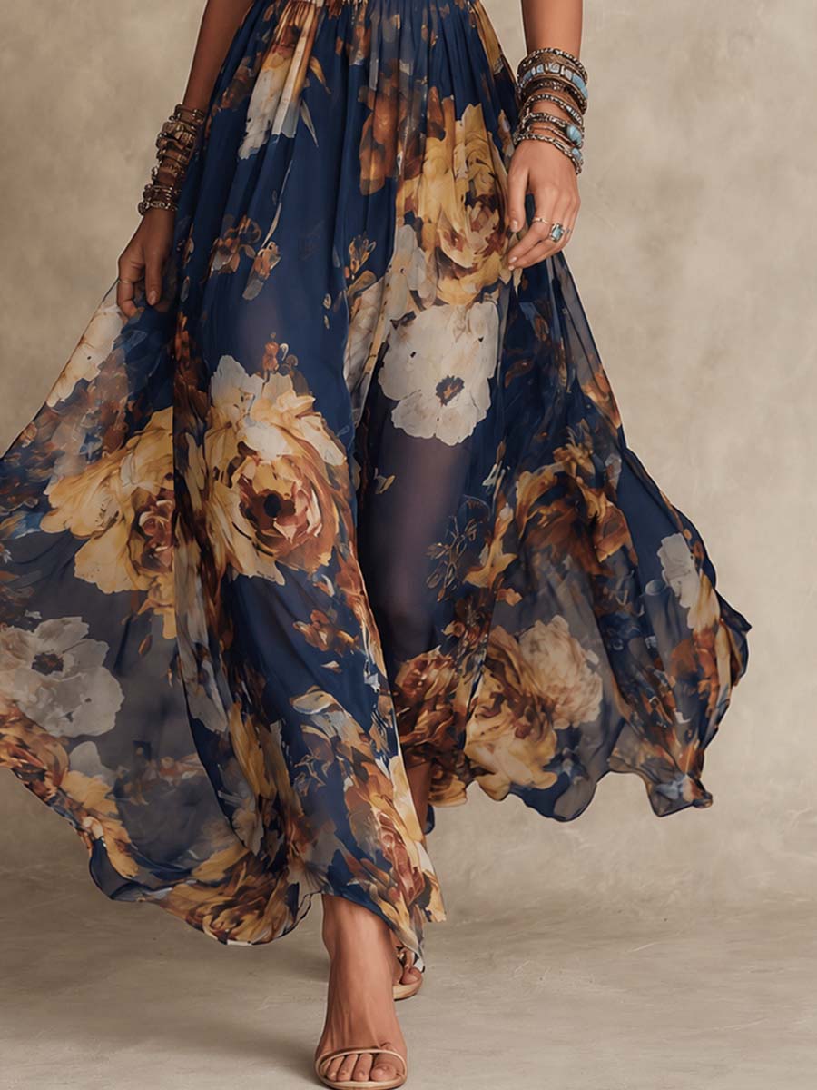 PALOMA - ABITO LUNGO IN CHIFFON BLU NAVY CON STAMPA FLOREALE E SPALLINE SOTTILI