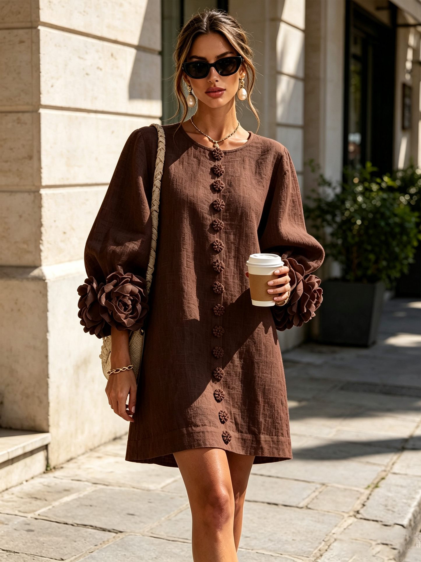 BELINDA | ABITO MINI IN MISTO LINO CON POLSINI A ROSA, MARRONE CIOCCOLATO