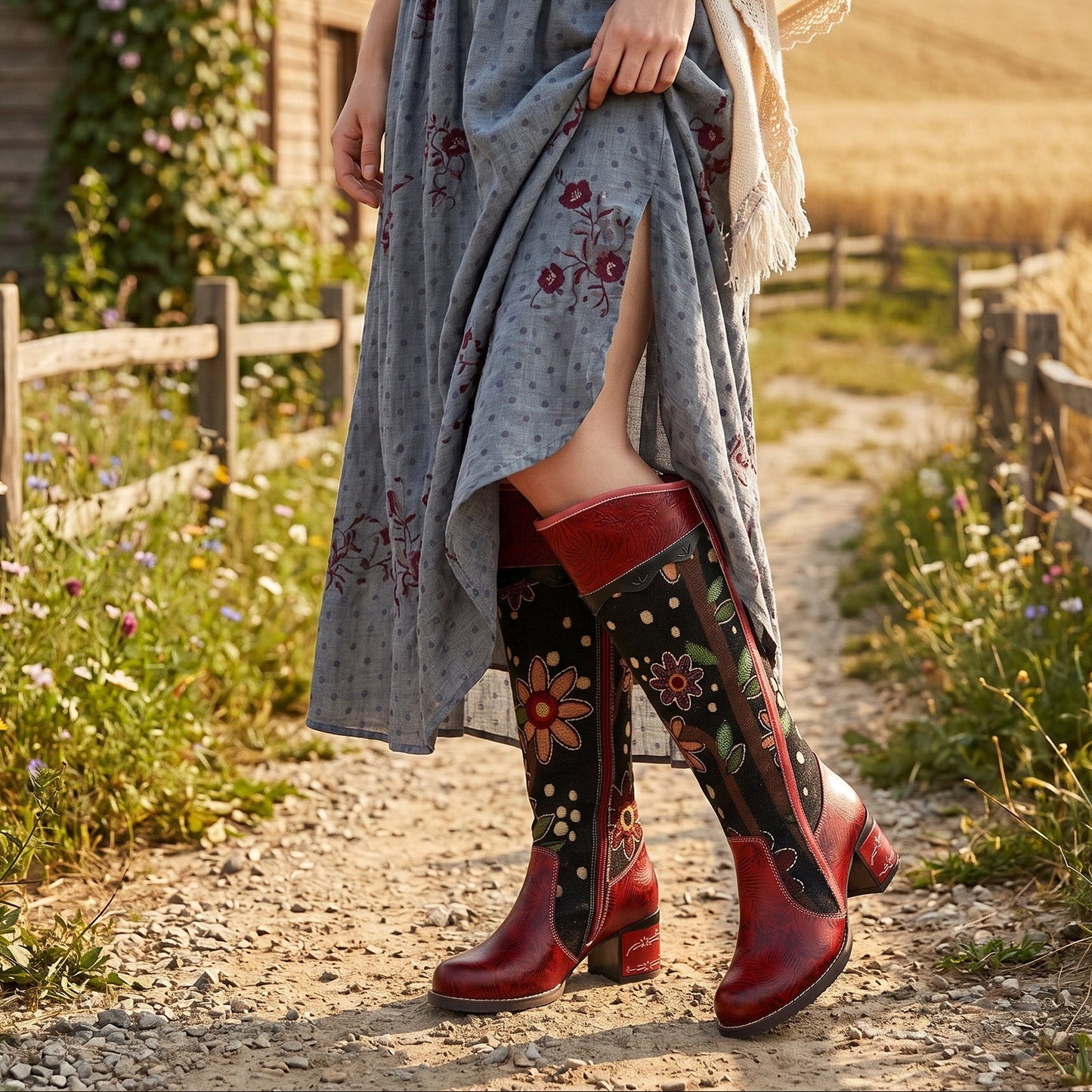 ROSALINDA | STIVALI LUNGHI BOHO IN PELLE CON TACCO A BLOCCO E MOTIVO ESOTICO