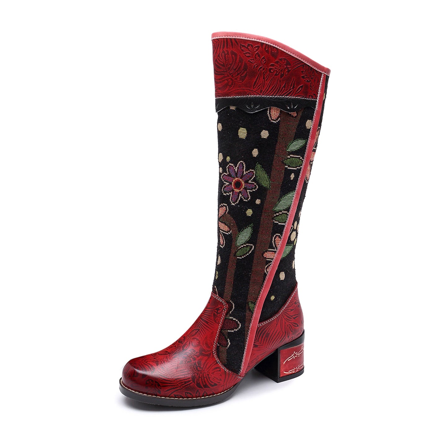 ROSALINDA | STIVALI LUNGHI BOHO IN PELLE CON TACCO A BLOCCO E MOTIVO ESOTICO