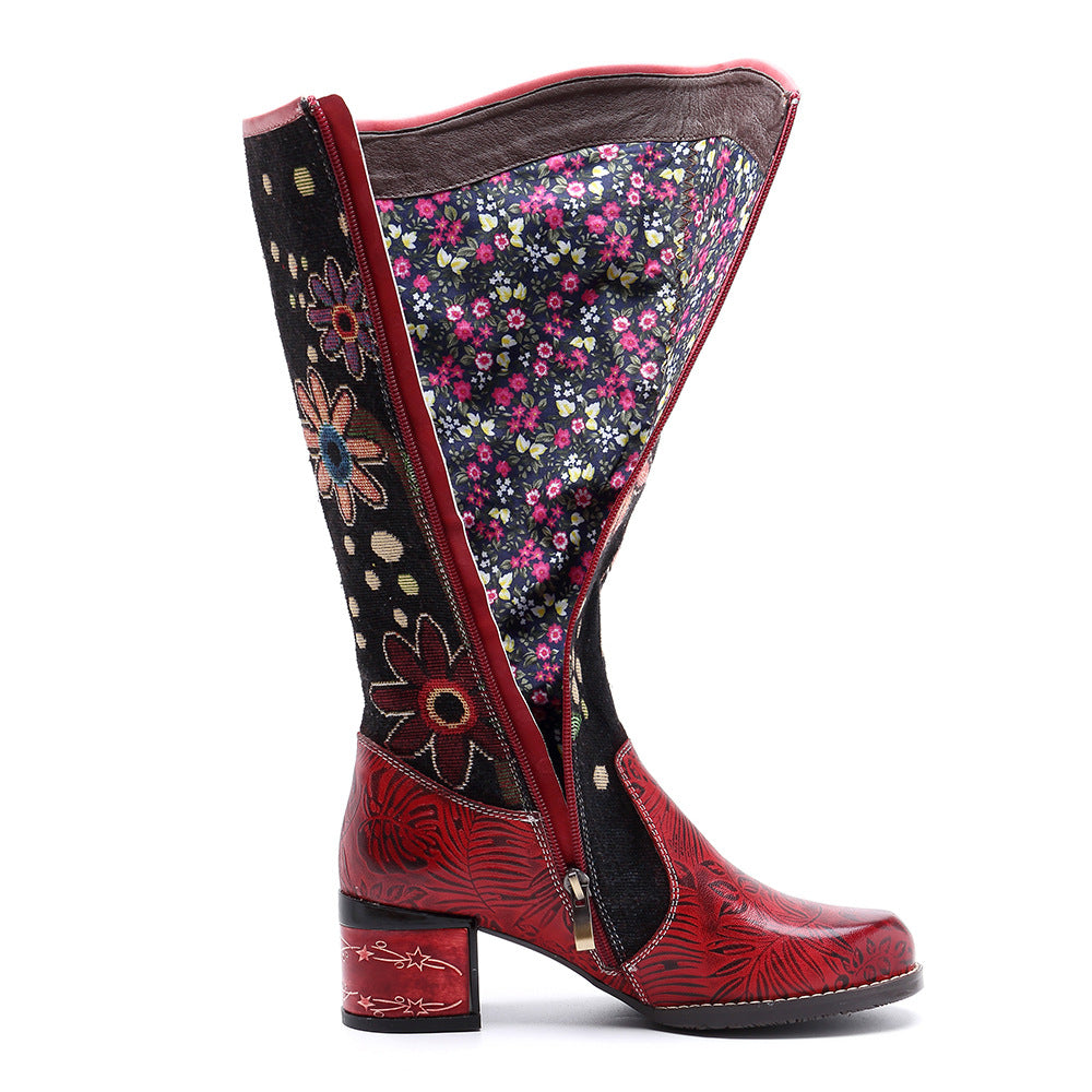 ROSALINDA | STIVALI LUNGHI BOHO IN PELLE CON TACCO A BLOCCO E MOTIVO ESOTICO