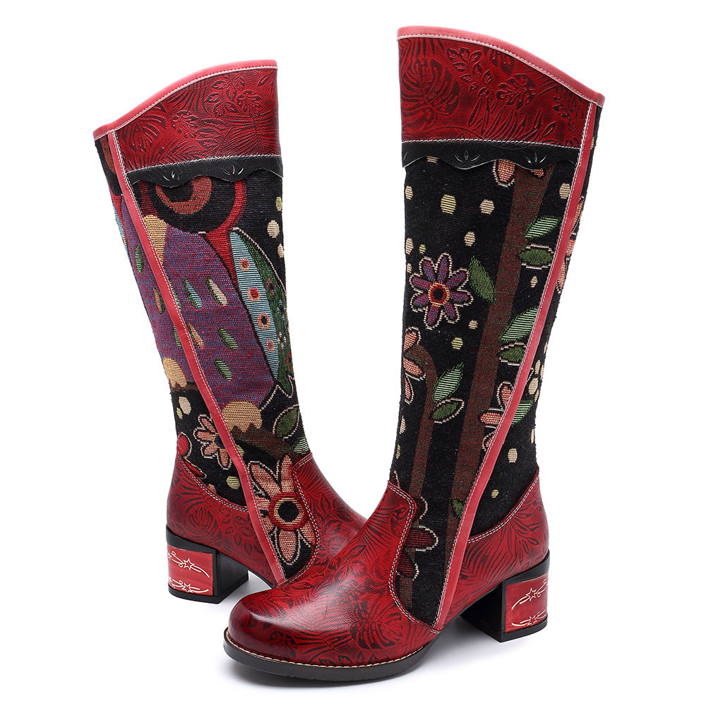 ROSALINDA | STIVALI LUNGHI BOHO IN PELLE CON TACCO A BLOCCO E MOTIVO ESOTICO
