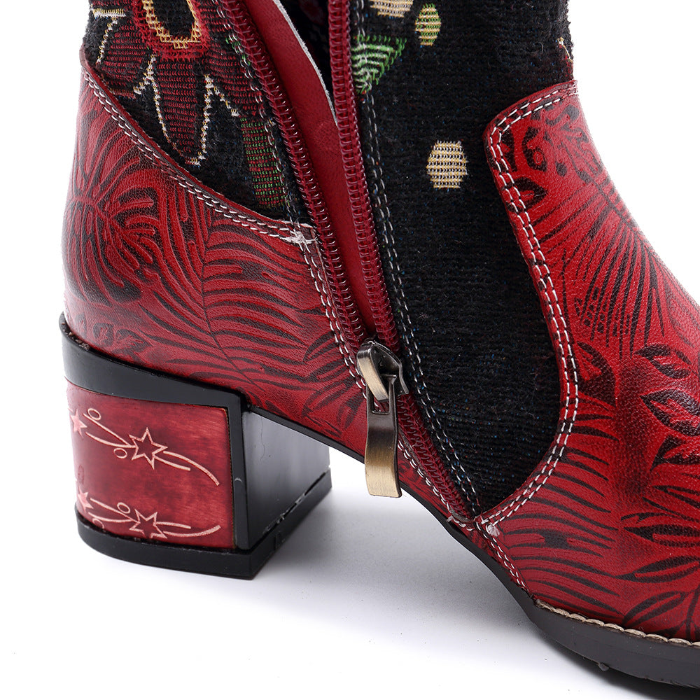 ROSALINDA | STIVALI LUNGHI BOHO IN PELLE CON TACCO A BLOCCO E MOTIVO ESOTICO