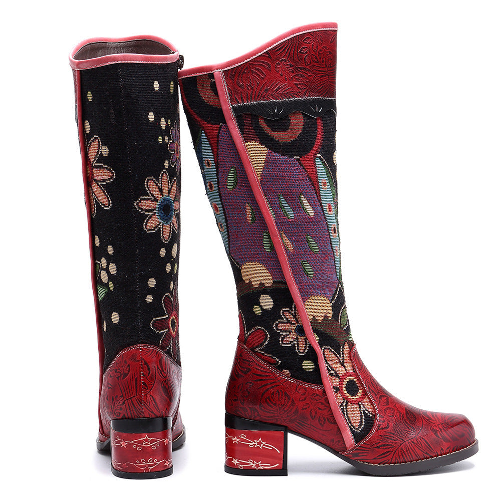 ROSALINDA | STIVALI LUNGHI BOHO IN PELLE CON TACCO A BLOCCO E MOTIVO ESOTICO