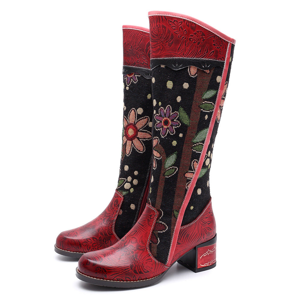ROSALINDA | STIVALI LUNGHI BOHO IN PELLE CON TACCO A BLOCCO E MOTIVO ESOTICO
