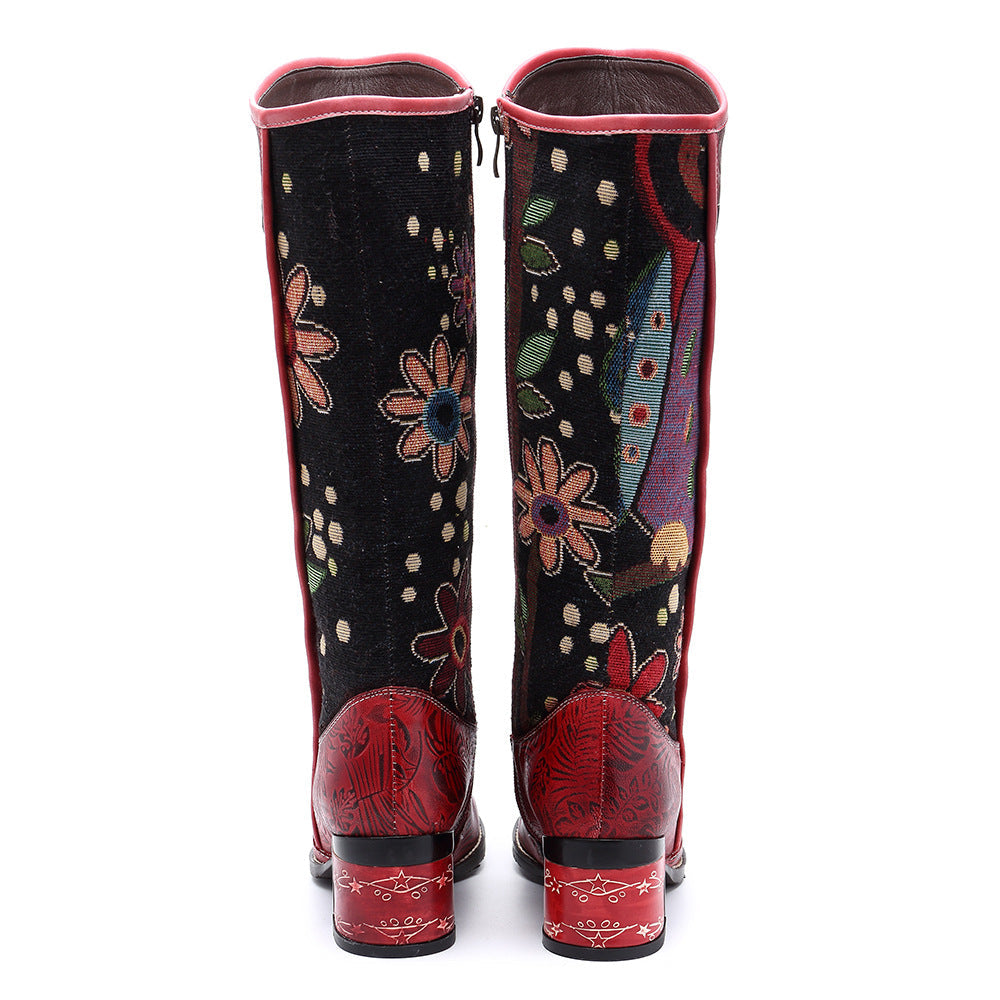 ROSALINDA | STIVALI LUNGHI BOHO IN PELLE CON TACCO A BLOCCO E MOTIVO ESOTICO