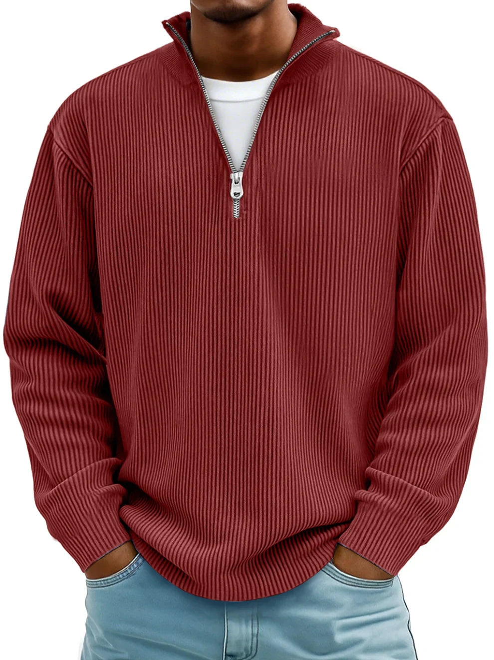 ETHAN | MAGLIONE A RIGHE CON MANICHE LUNGHE E ZIP FRONTALE