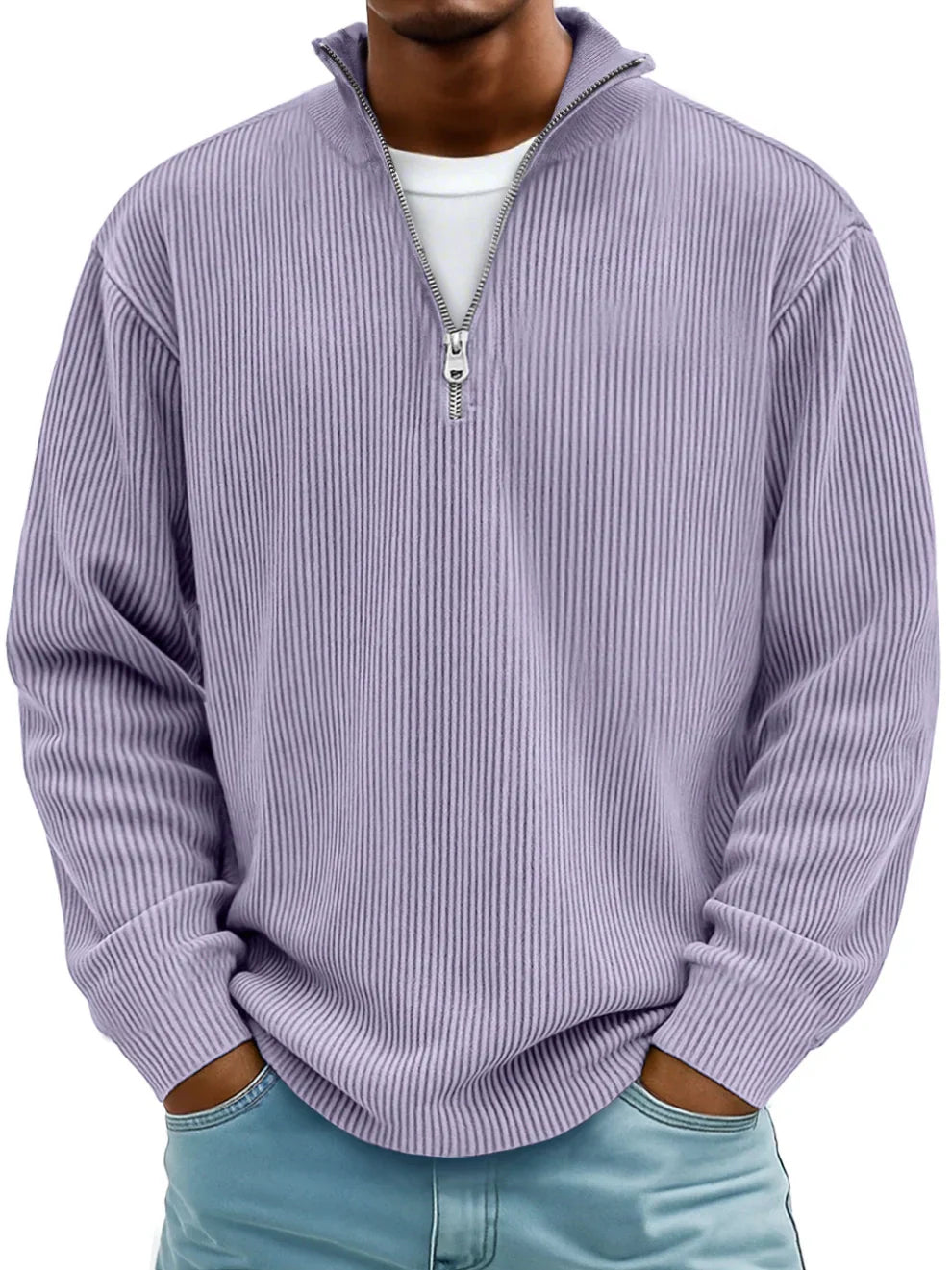 ETHAN | MAGLIONE A RIGHE CON MANICHE LUNGHE E ZIP FRONTALE