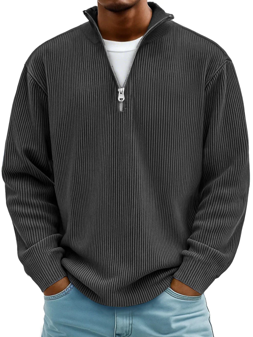 ETHAN | MAGLIONE A RIGHE CON MANICHE LUNGHE E ZIP FRONTALE