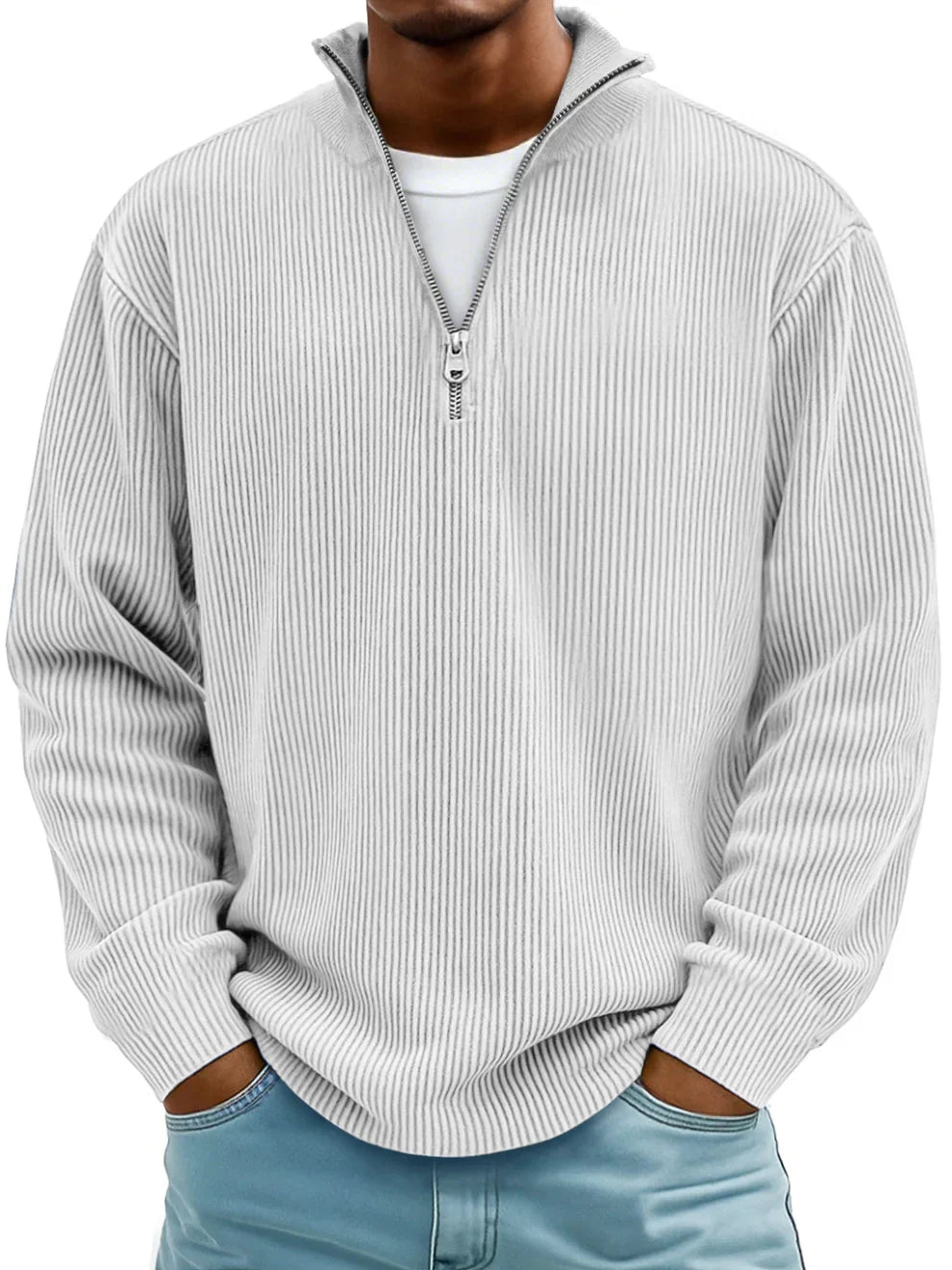 ETHAN | MAGLIONE A RIGHE CON MANICHE LUNGHE E ZIP FRONTALE