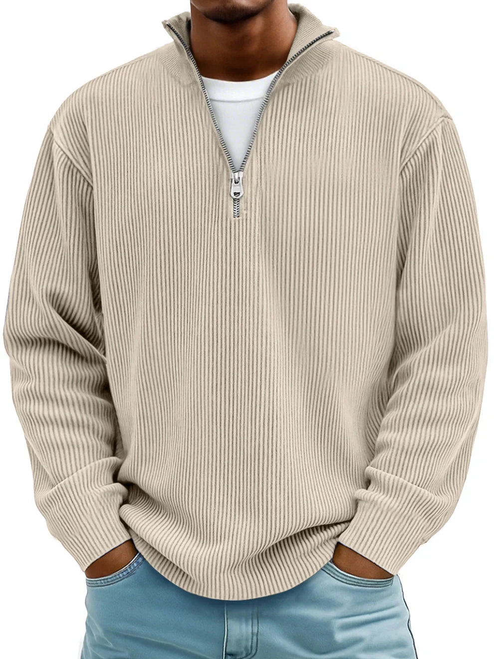 ETHAN | MAGLIONE A RIGHE CON MANICHE LUNGHE E ZIP FRONTALE