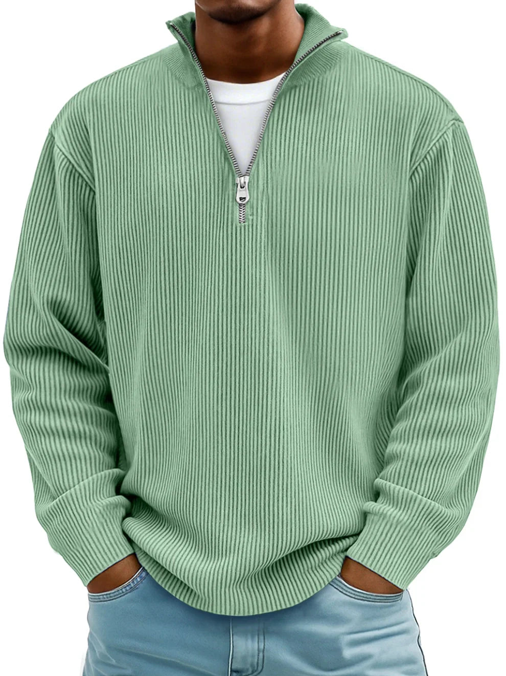 ETHAN | MAGLIONE A RIGHE CON MANICHE LUNGHE E ZIP FRONTALE