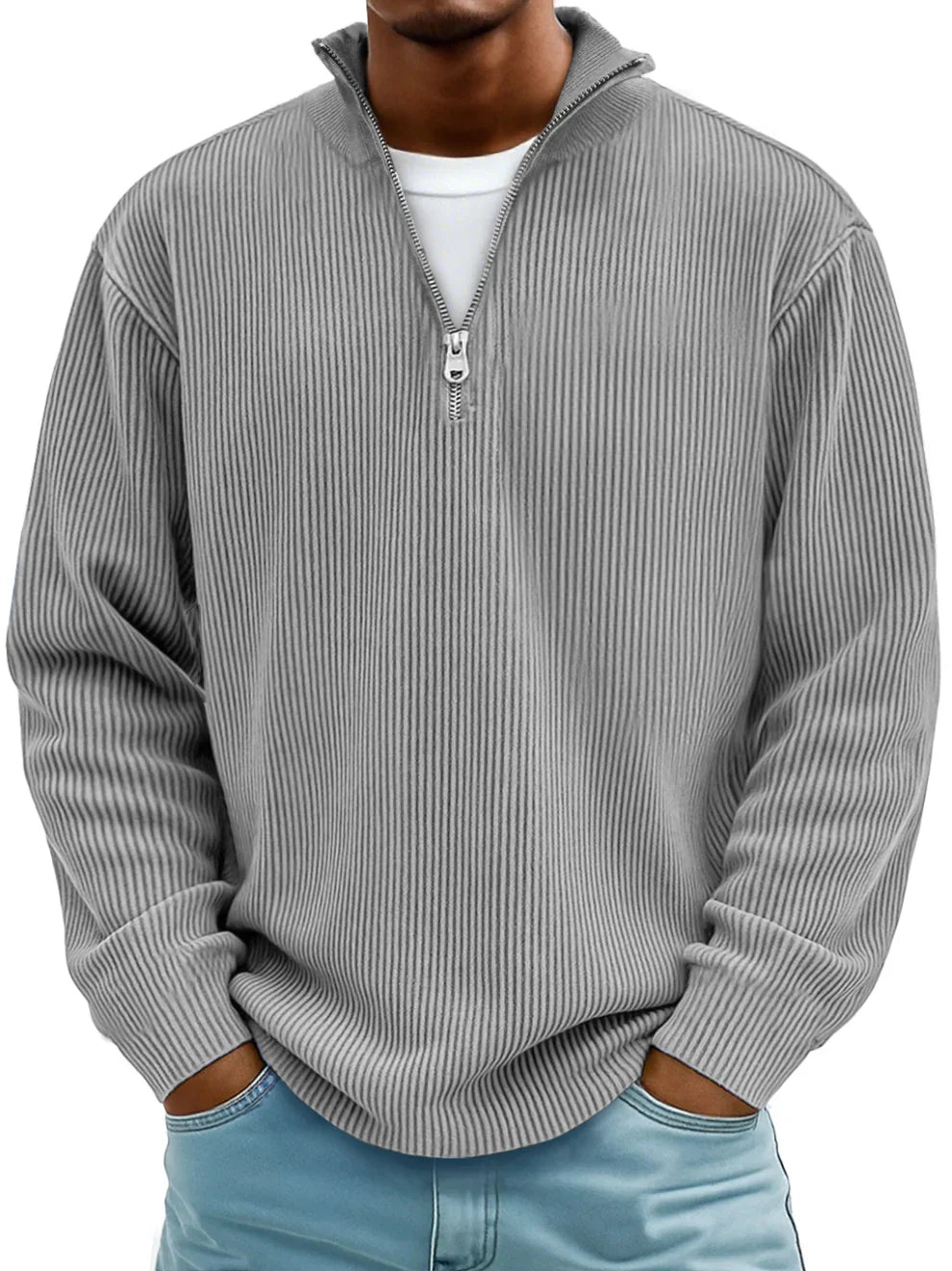 ETHAN | MAGLIONE A RIGHE CON MANICHE LUNGHE E ZIP FRONTALE