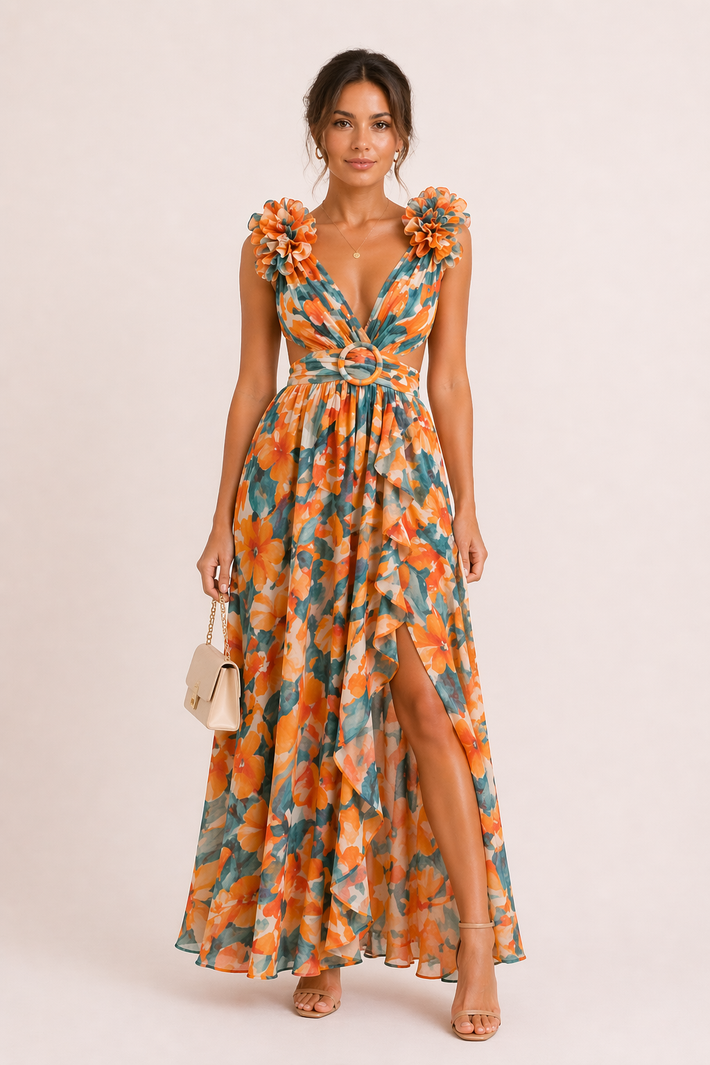 YRA | ABITO LUNGO IN CHIFFON – SCOLLO A V, STAMPA FLOREALE, FIORI IN RILIEVO (3D), CUT-OUT, ABITO DA CERIMONIA