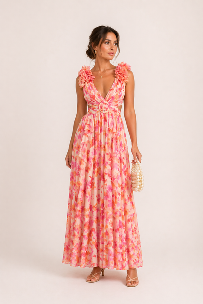 YRA | ABITO LUNGO IN CHIFFON – SCOLLO A V, STAMPA FLOREALE, FIORI IN RILIEVO (3D), CUT-OUT, ABITO DA CERIMONIA