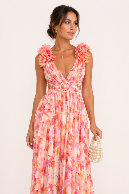 YRA | ABITO LUNGO IN CHIFFON – SCOLLO A V, STAMPA FLOREALE, FIORI IN RILIEVO (3D), CUT-OUT, ABITO DA CERIMONIA