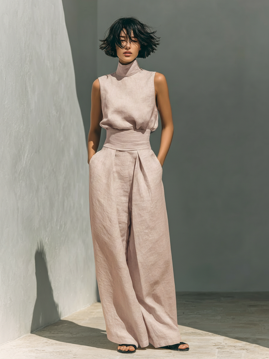 MEVY™ | COMPLETINO CON CANOTTA E PANTALONE LARGO IN COTONE E LINO