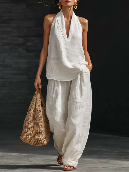 AYESHA - COMPLETTO TOP SENZA MANICHE CON SCOLLO A V E PANTALONI A GAMBA LARGA