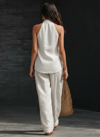 AYESHA - COMPLETTO TOP SENZA MANICHE CON SCOLLO A V E PANTALONI A GAMBA LARGA