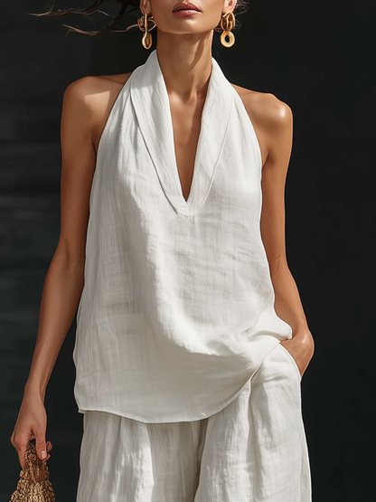AYESHA - COMPLETTO TOP SENZA MANICHE CON SCOLLO A V E PANTALONI A GAMBA LARGA