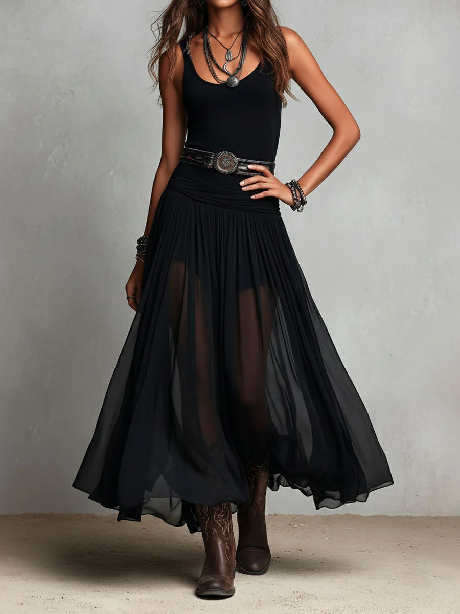 OLLA - ELEGANTE ABITO LUNGO IN TULLE CON CINTURA