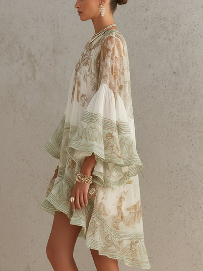 HANNELORE - MINIABITO IN CHIFFON CON STAMPA BAROCCA E BALZE A CASCATA