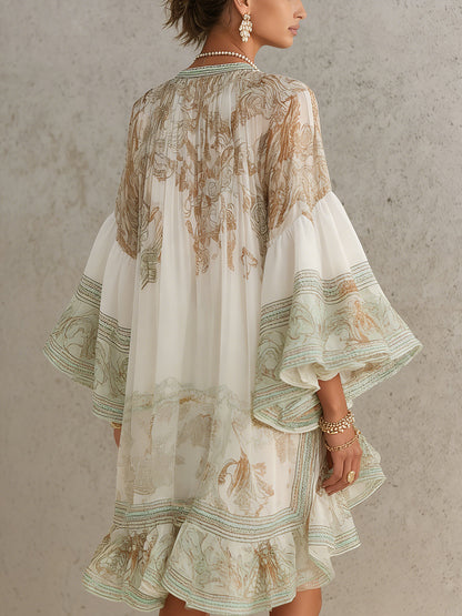 HANNELORE - MINIABITO IN CHIFFON CON STAMPA BAROCCA E BALZE A CASCATA