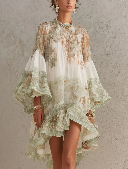 HANNELORE - MINIABITO IN CHIFFON CON STAMPA BAROCCA E BALZE A CASCATA
