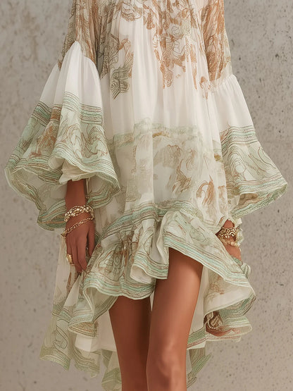 HANNELORE - MINIABITO IN CHIFFON CON STAMPA BAROCCA E BALZE A CASCATA