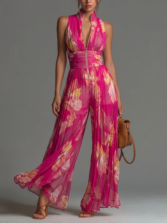 LAILA - JUMPSUIT PLISSETTATO FLOREALE FUCSIA