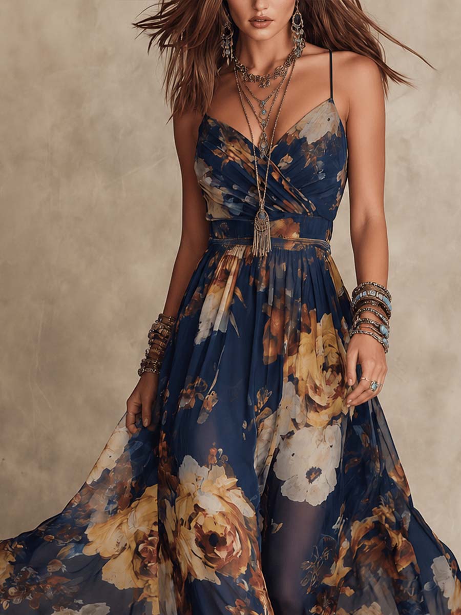 PALOMA - ABITO LUNGO IN CHIFFON BLU NAVY CON STAMPA FLOREALE E SPALLINE SOTTILI