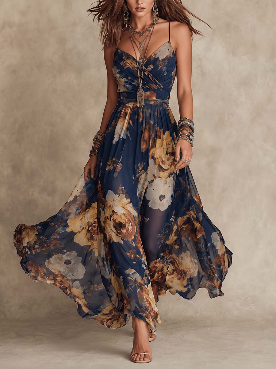 PALOMA - ABITO LUNGO IN CHIFFON BLU NAVY CON STAMPA FLOREALE E SPALLINE SOTTILI
