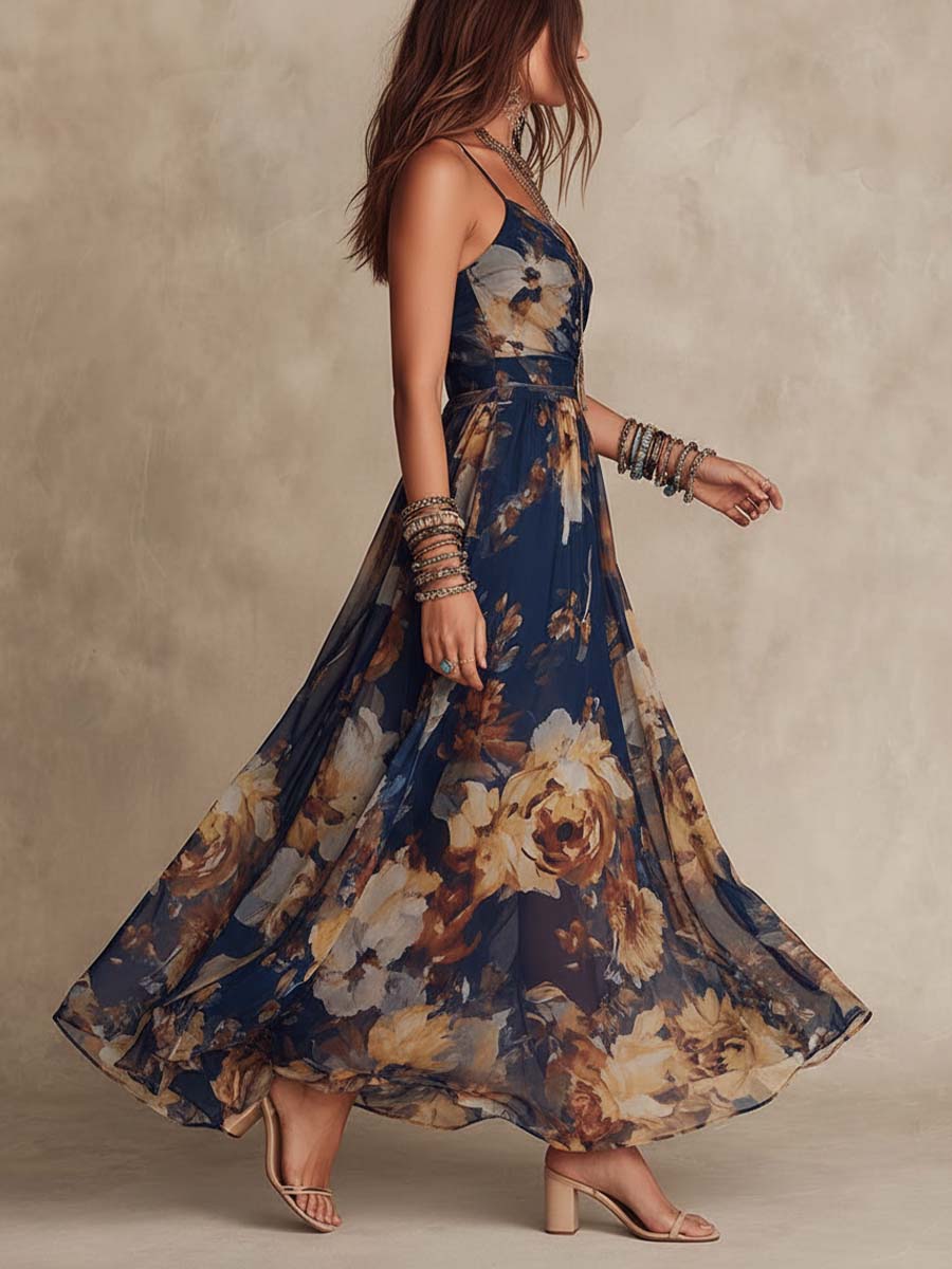 PALOMA - ABITO LUNGO IN CHIFFON BLU NAVY CON STAMPA FLOREALE E SPALLINE SOTTILI