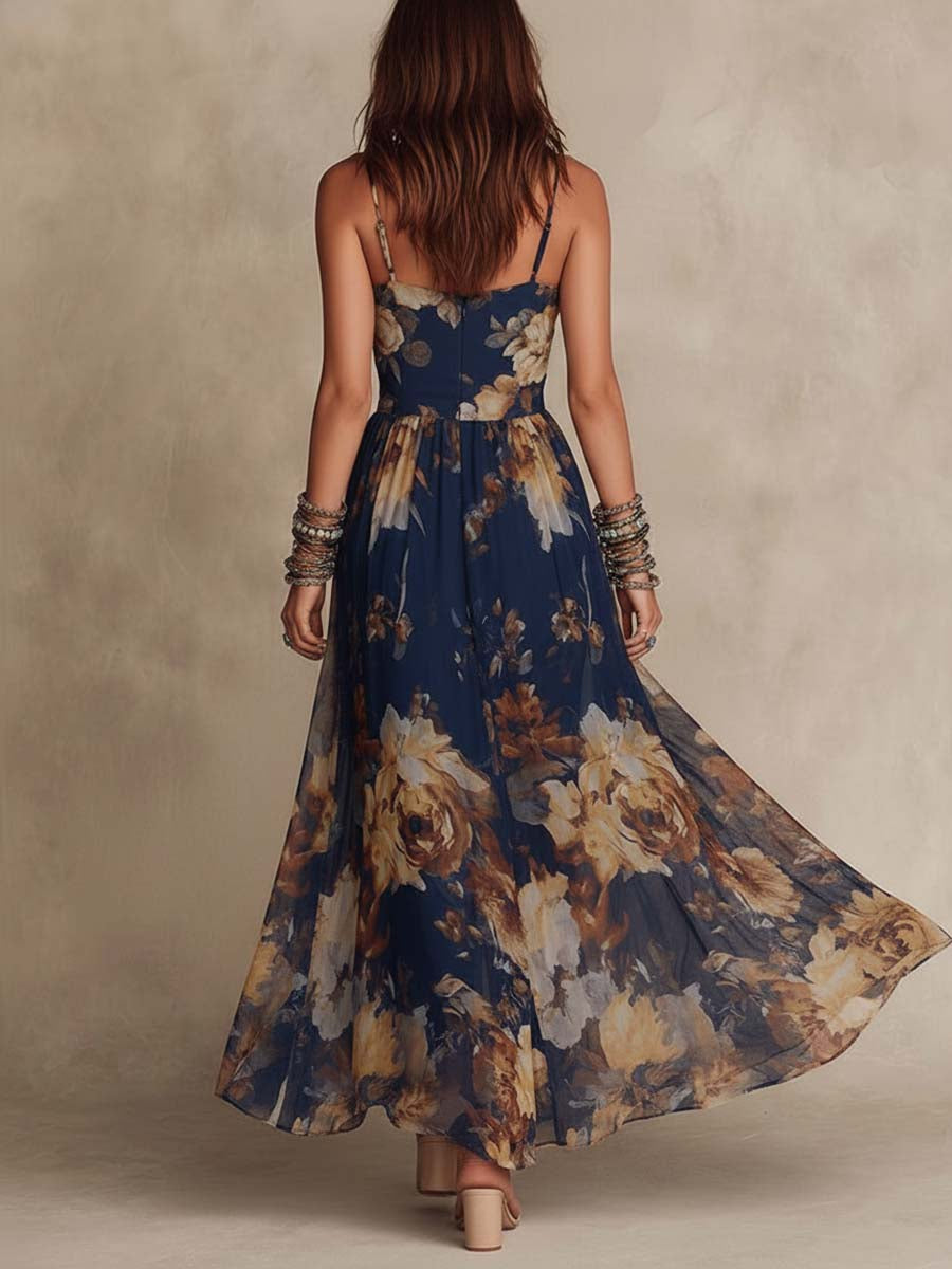 PALOMA - ABITO LUNGO IN CHIFFON BLU NAVY CON STAMPA FLOREALE E SPALLINE SOTTILI