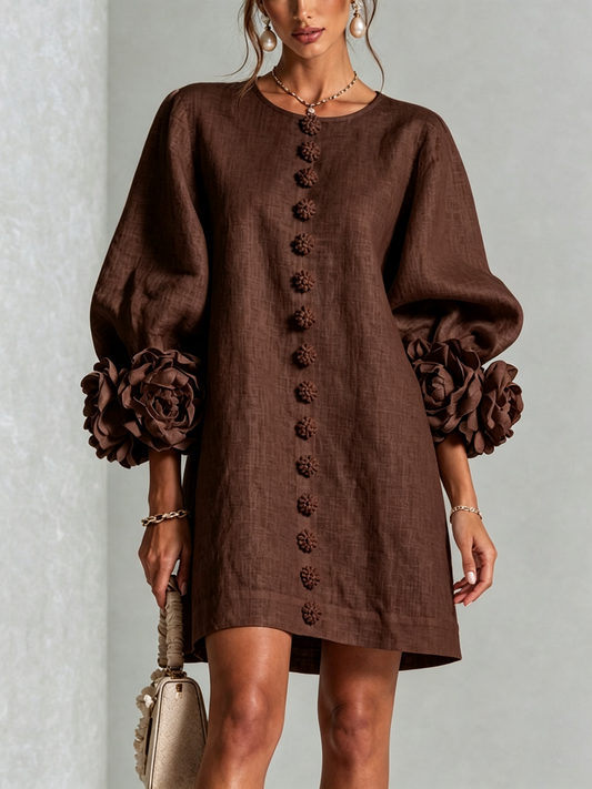 BELINDA | ABITO MINI IN MISTO LINO CON POLSINI A ROSA, MARRONE CIOCCOLATO