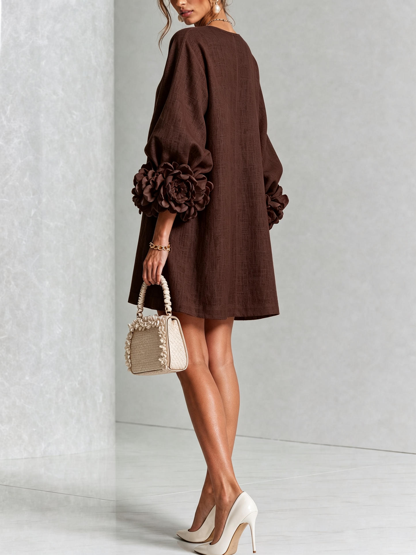 BELINDA | ABITO MINI IN MISTO LINO CON POLSINI A ROSA, MARRONE CIOCCOLATO