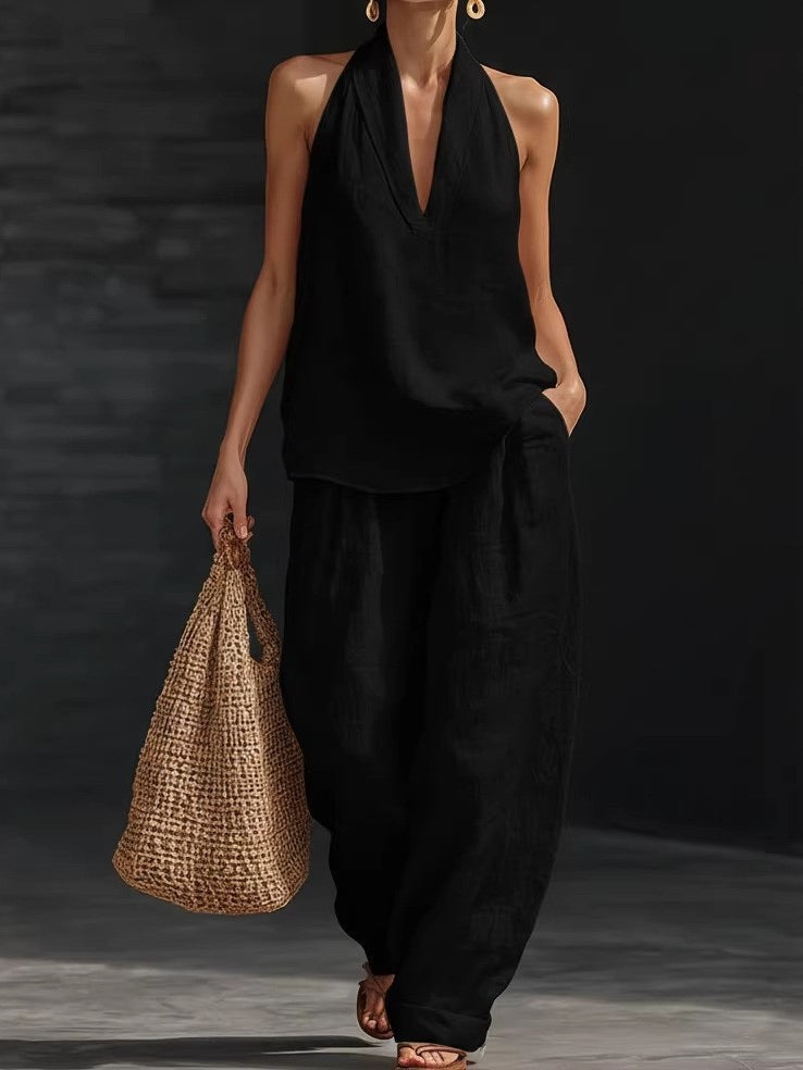 AYESHA - COMPLETTO TOP SENZA MANICHE CON SCOLLO A V E PANTALONI A GAMBA LARGA
