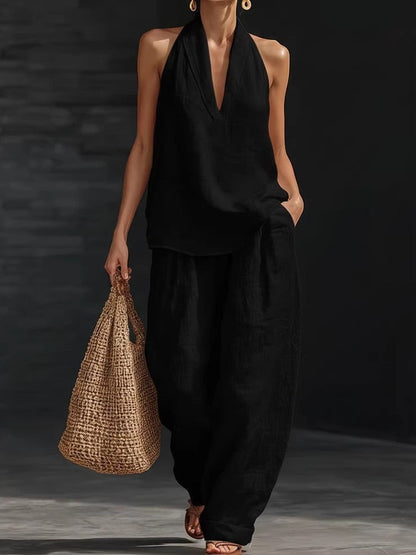 AYESHA - COMPLETTO TOP SENZA MANICHE CON SCOLLO A V E PANTALONI A GAMBA LARGA