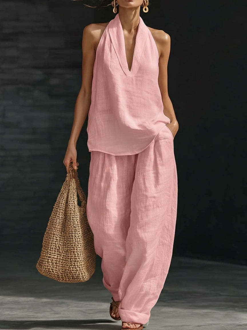 AYESHA - COMPLETTO TOP SENZA MANICHE CON SCOLLO A V E PANTALONI A GAMBA LARGA